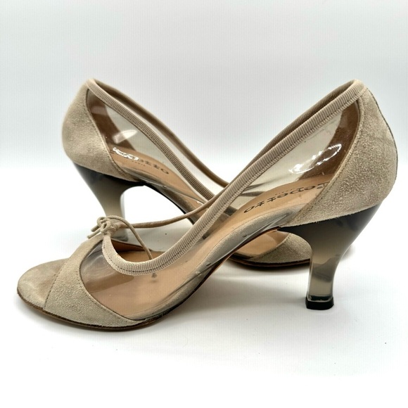 REPETTTO CLEAR SUEDE HEEL SHOE TAN NEUTRAL OPEN TOE  HEELS MADE IN PARIS 37.5 - Picture 7 of 12